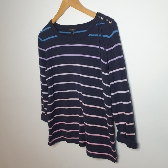 Talbots Women's Navy Ombre Striped Lace Up Shoulder 3/4 Sleeve Sweater Size MP - Picture 2 of 6